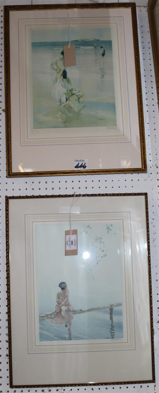 Sir William Russell Flint, two small signed coloured prints,  girl by a lake & figures on a beach
